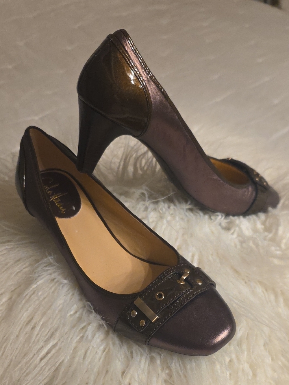 Cole Haan Leather Metallic Brown Heeled Pumps with Stainlees Steel Accents 9B